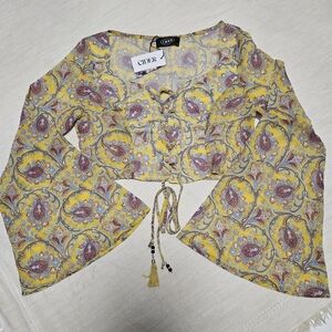NWT Cider Yellow Paisley Boho Bell Sleeve Festival Lace-Up Crop Top Coachella Lg